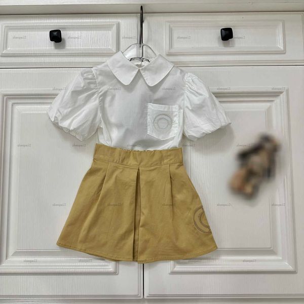 Luxury designer baby clothes KIds Tracksuits girl Dress Size 100-150 CM 2pcs Solid color bubble sleeve shirt and Khaki pleated skirt