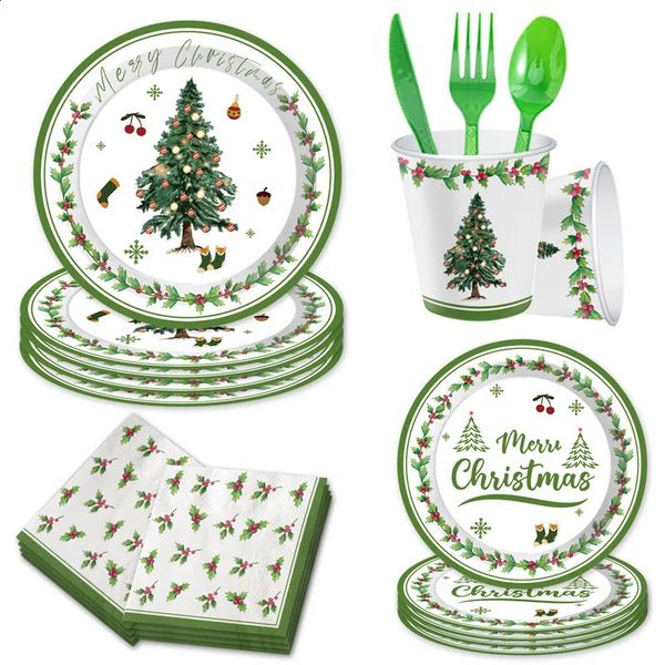 Merry Christmas Disposable Tableware Xmas Tree Wreath Red Berry Plates Napkin Party Supplies Happy Year 2025 241119