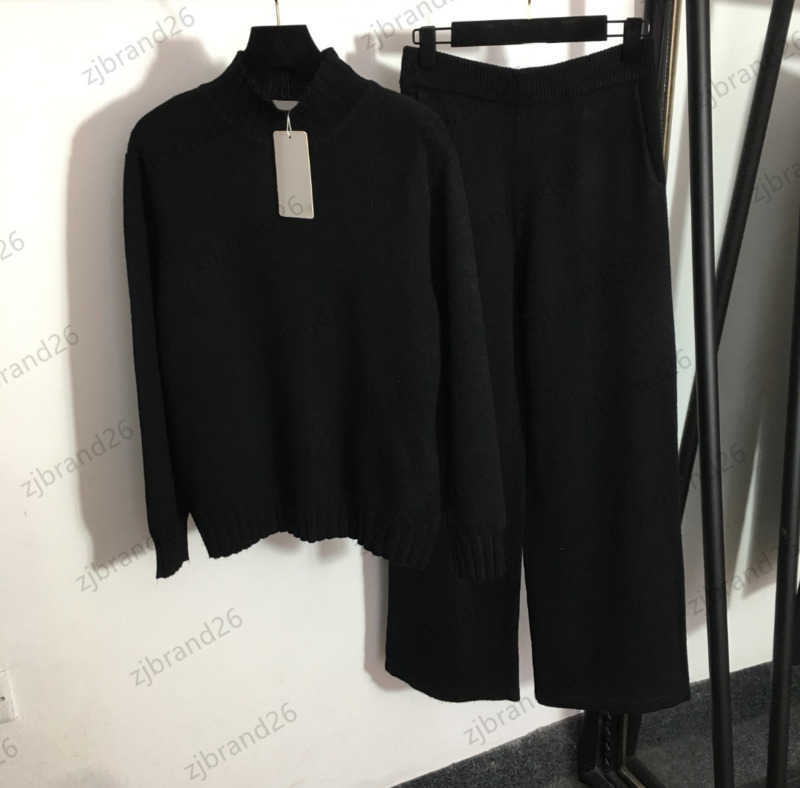 Womens Two Piece Pant Woollen Knitted Suit Stand Neck Long Sleeve Pullover Knit Sweater High-waisted Loose Wide-legged Pants Commute Women Clothing