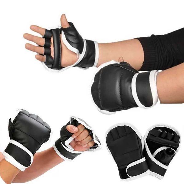 1Pair Black Half Finger Boxing Gloves PU ather Fighting Kick Boxing Gloves Karate Muay Thai Training Workout Gloves Kids MenXJ241024