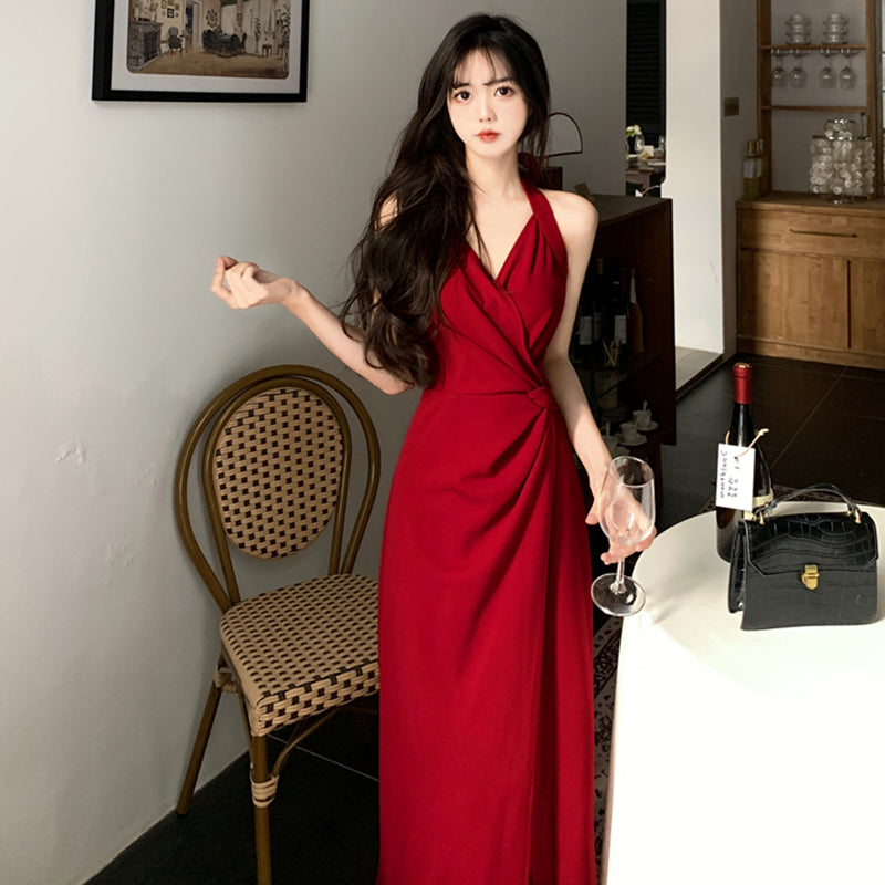 201 plus size women&#039;s retro halter neck dress two-piece spring and summer lace cardigan fat red suspenders slit long skirt