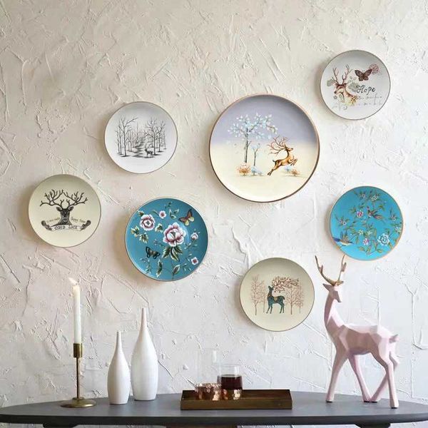 Decorative Plates Lucky elk ceramic hanging plate creative wall decoration three-dimensional pendant creative living room decoration CL25012