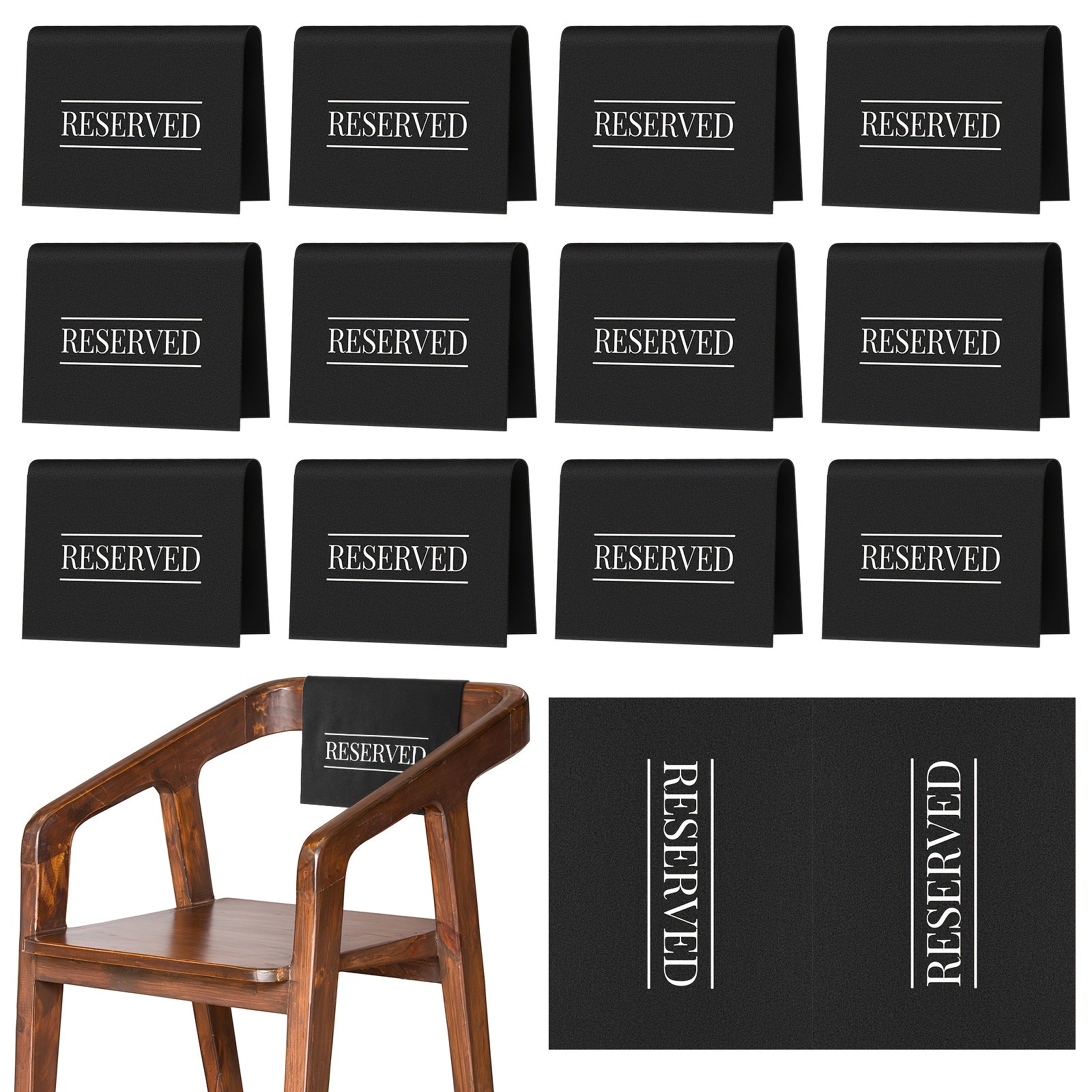 TEMU 12pcs Black "reserved" Chair Signs With White Printed Text - Polyester, Tabletop Design For Weddings, Parties, Church Events & Celebrations,