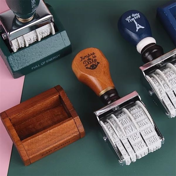 Wooden Handle Date Roller Stamp Vintage Card Making DIY Scrapbooking Planner Journal Stamps Kawaii Stationery Office Supplies w241217