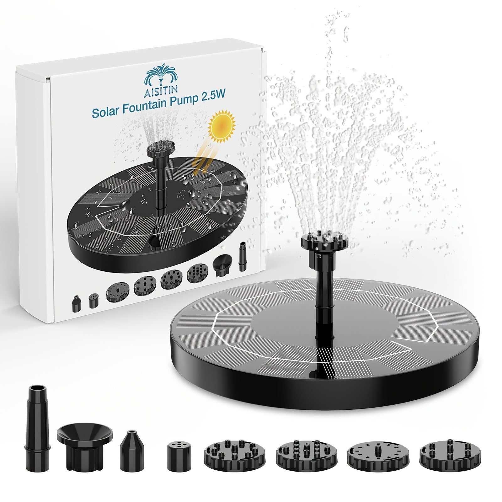 TEMU Upgraded 2, 5w Solar-powered Automatic Fountain With 6 Nozzles, Ipx8, For Blue Bird Bath For Gardens, , Fish Tanks & Outdoor Use - Durable With