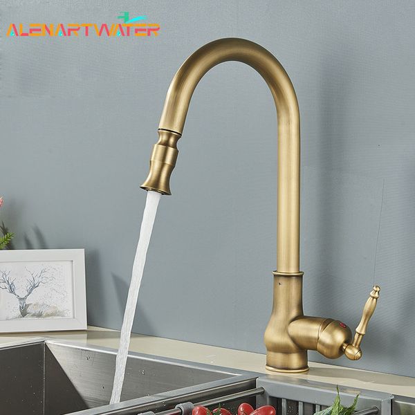 Kitchen Faucets Antique Faucet Pull Out Spray Sink Single Handle Deck Mount Water Crane 360° Rotation Cold Mixer Tap 230510