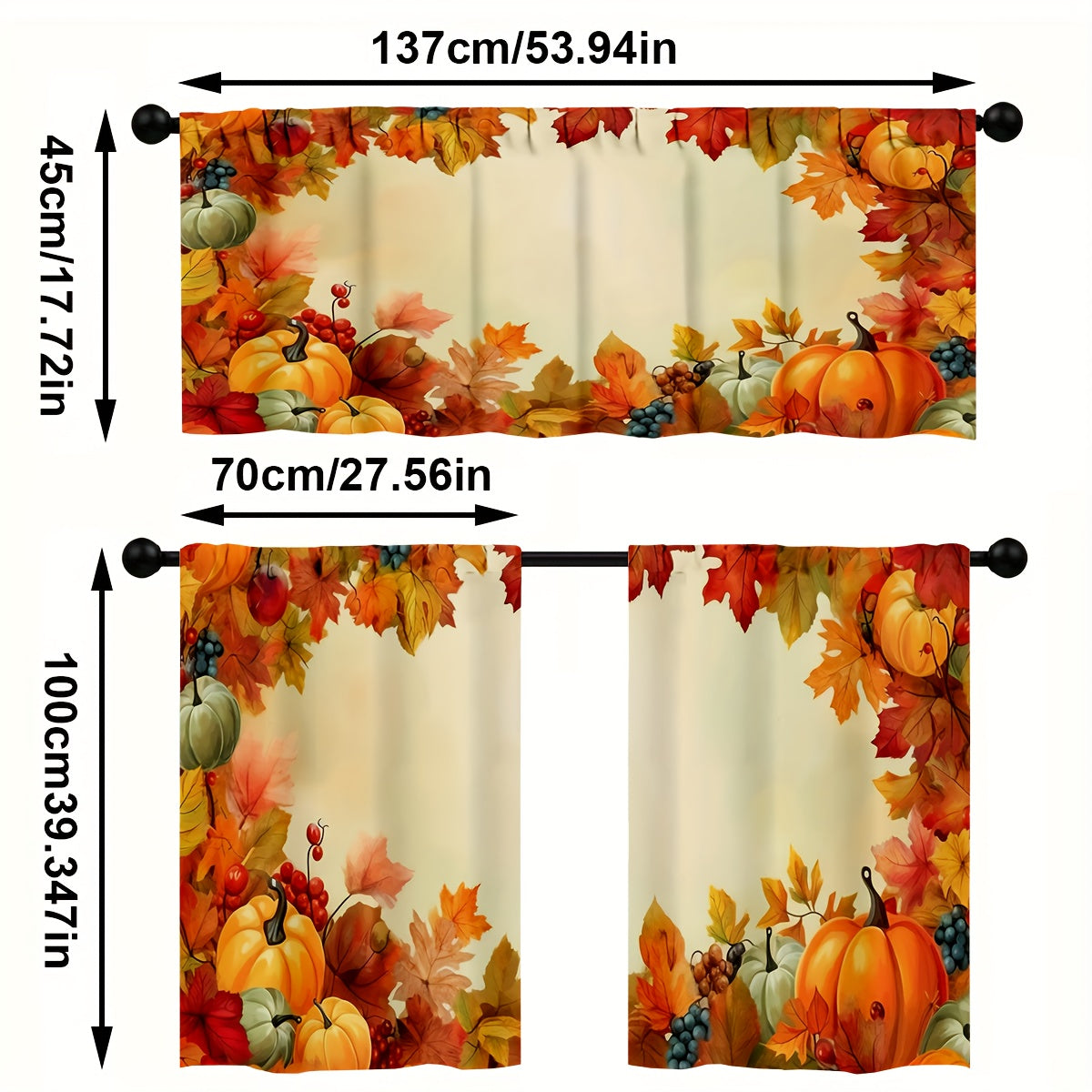 TEMU 3pcs Kitchen Curtains Set - Vibrant Pumpkin & Maple Leaf Design, Semi-transparent Polyester, Rod Pocket Hanging, Machine Washable, Fall Decor,
