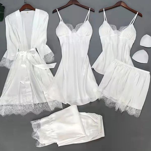 White 5PCS Sleep Set Pajamas Lady Lace Satin Pyjamas Kimono Bath Gown Loose Sleepwear Home Cloting V-Neck Casual Nightwear 250116