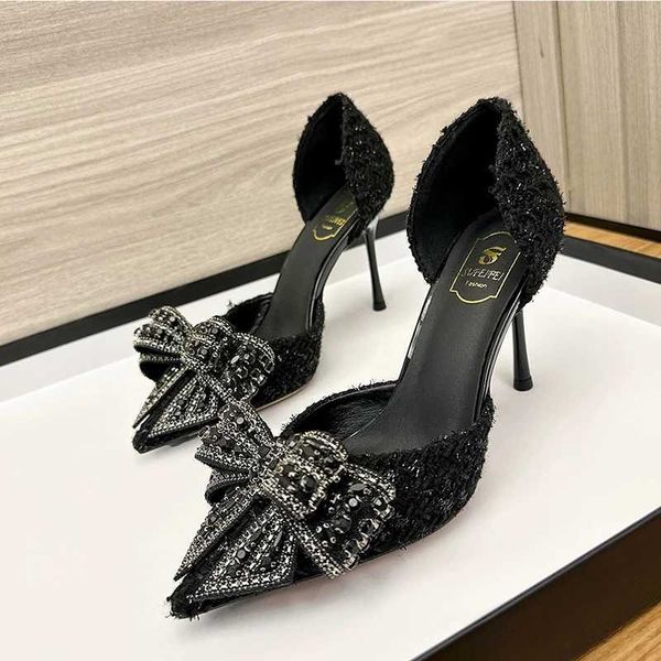 Rimocy Bling Crystal Bow Thin H Pump Wen 2023 New Sliding Pearl Wedding Party Shoes Wan Dorsay High H Bridal Shoes Y250115