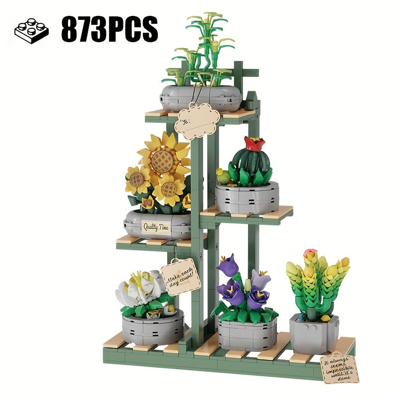 TEMU 873pcs Potted Building Blocks Succulent With Display Stand, Diy Bricks, Desktop Decorative Ornaments And Toys, Easter Green Plant Decorations