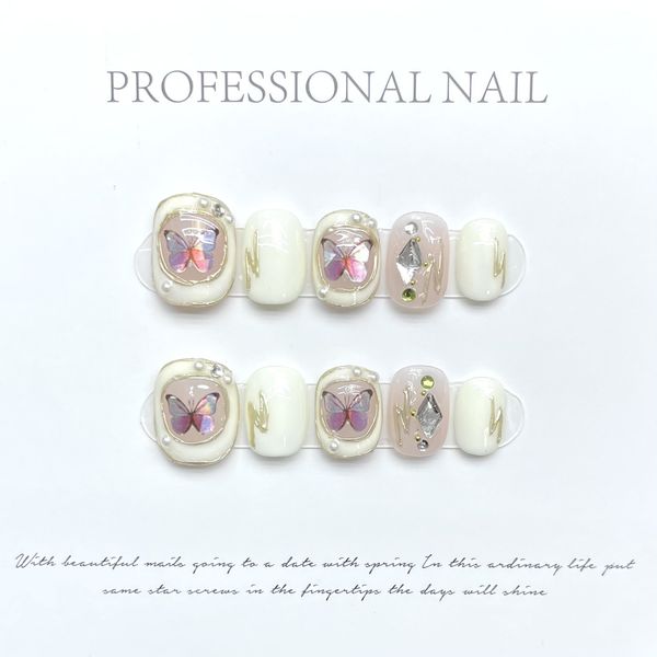 Art Nail Fake Patch Finished Baroque Butterfly Wearing Piece Pearl Inlaid Diamond Short Round Fashion accessories