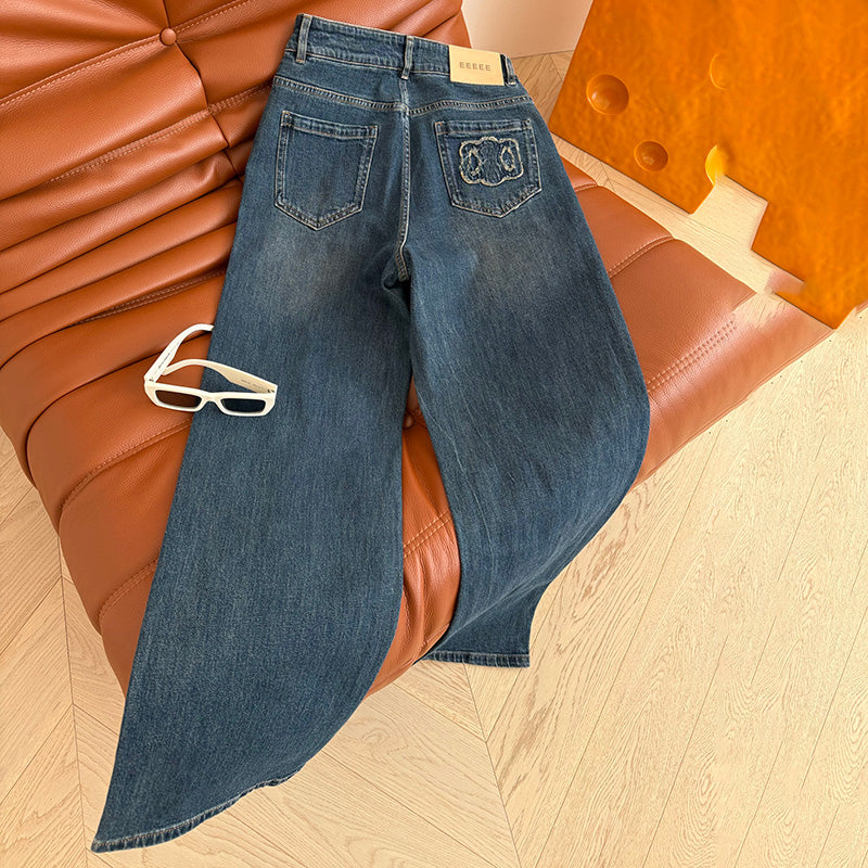 Luxury Embroidered Women Jeans Designer Classic Blue Straight Denim Pants Street Birthday Party High Waist Jean Trousers