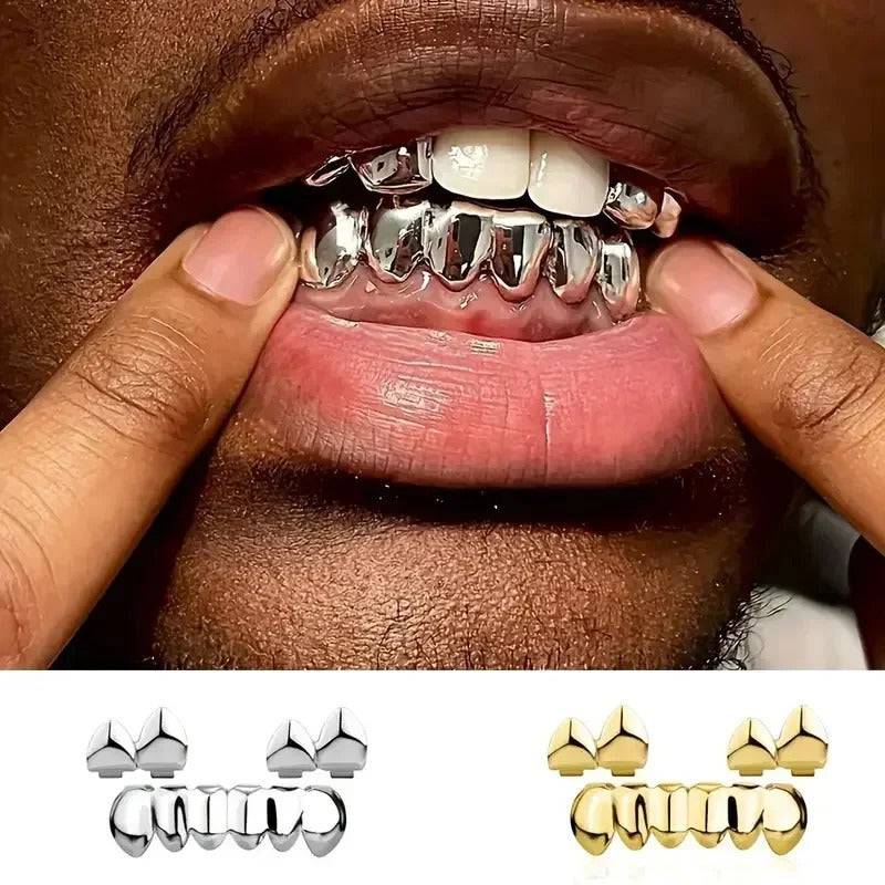 3CPS-Set Hip Hop Black Fangs Tooth 14K Gold Plated 6-6 Teeth Caps Decor Dental Grills For Men Women Halloween Jewelry 250103