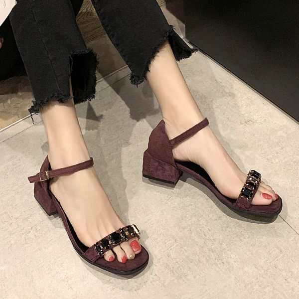 black rhinestone studs med-high heels sandals women cover heel flock gladiator sandalias 2020 Mary Janed ankle strap sandale X2412131
