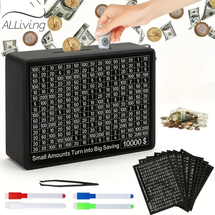 TEMU 2025 Upgraded Wooden Money Saving Challenge Box For Adults - Reusable Sticker Labels, Cash & Coin Tracking, Includes Markers & Board Game