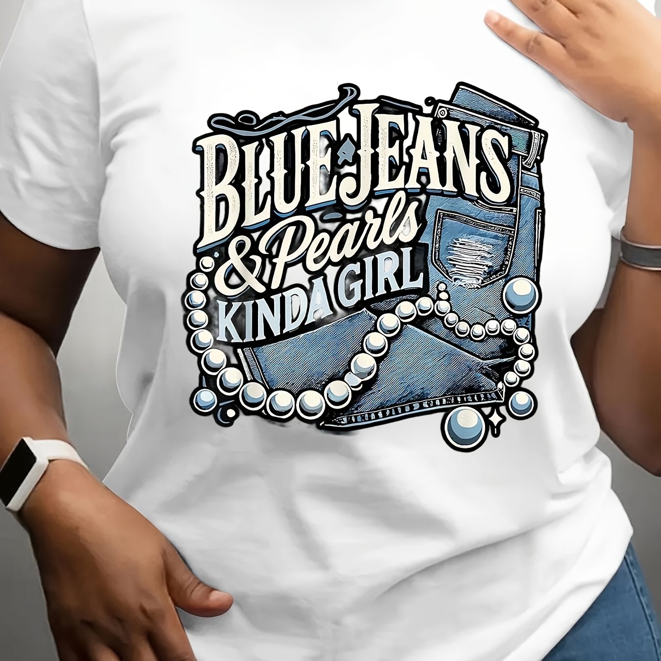 TEMU Plus Size Blue Jeans & Pearls Women's T-shirts Fashion T-shirts Tops Shirts Round Neck For