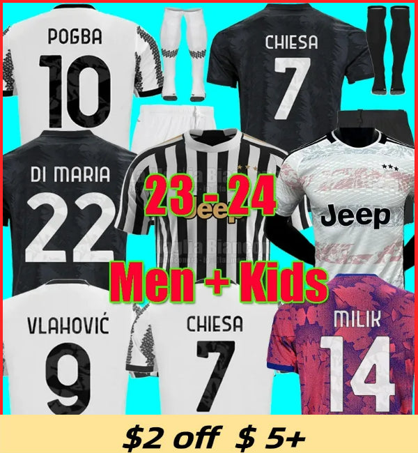 22 23 24 VLAHOVIC CHIESA MILIK soccer jerseys 2023 2024 jUveNtuS POGBA men kids set BONUCCI football shirts kit DI MARIA uniform socks Kean Kostic F