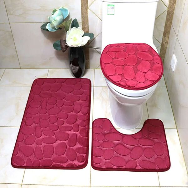 Flannel Anti Bath Slip 3Pcs-Set Absorbent Bathroom Cobblestone Floor Mat Toilet Lid Cover U Shaped Contour Foot Pad Soft Rugs Carpet Hine Wa
