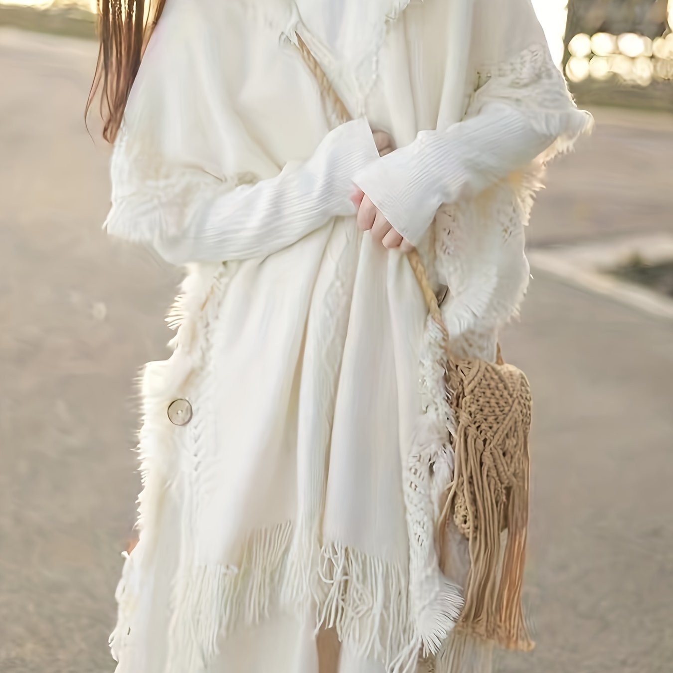 TEMU Women's Bohemian Fringe Cardigan - Pink Hooded Sweater With Fringe Detail, Long Sleeve, Button-, Fall-winter, , Casual Winter Wear | Fringe