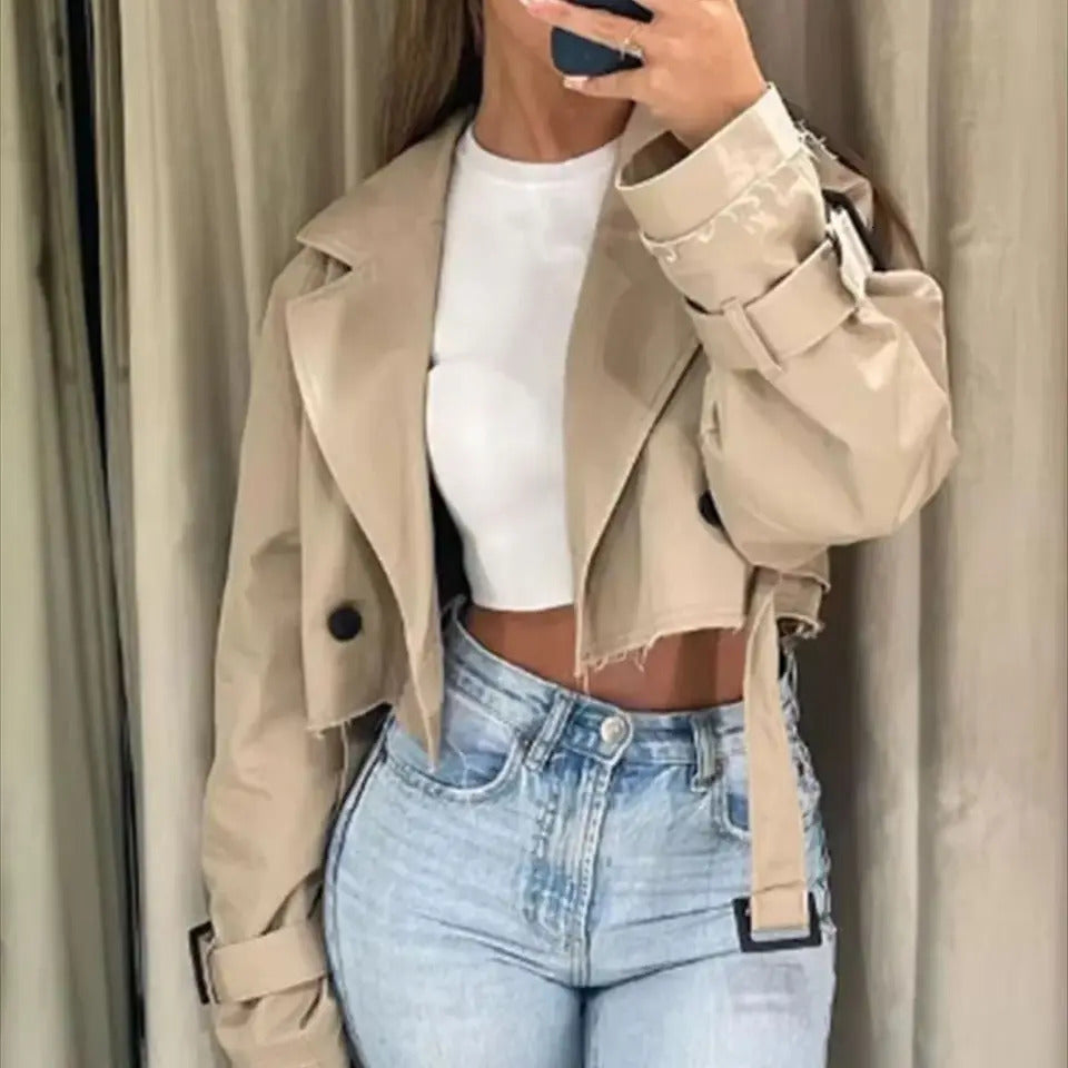 Women Fashion Belt Cropped Coat Long Sleeve Turn Down Collar Short Jacket Vintage Chic Double Breasted Trench Coats Lady Outfit 241113