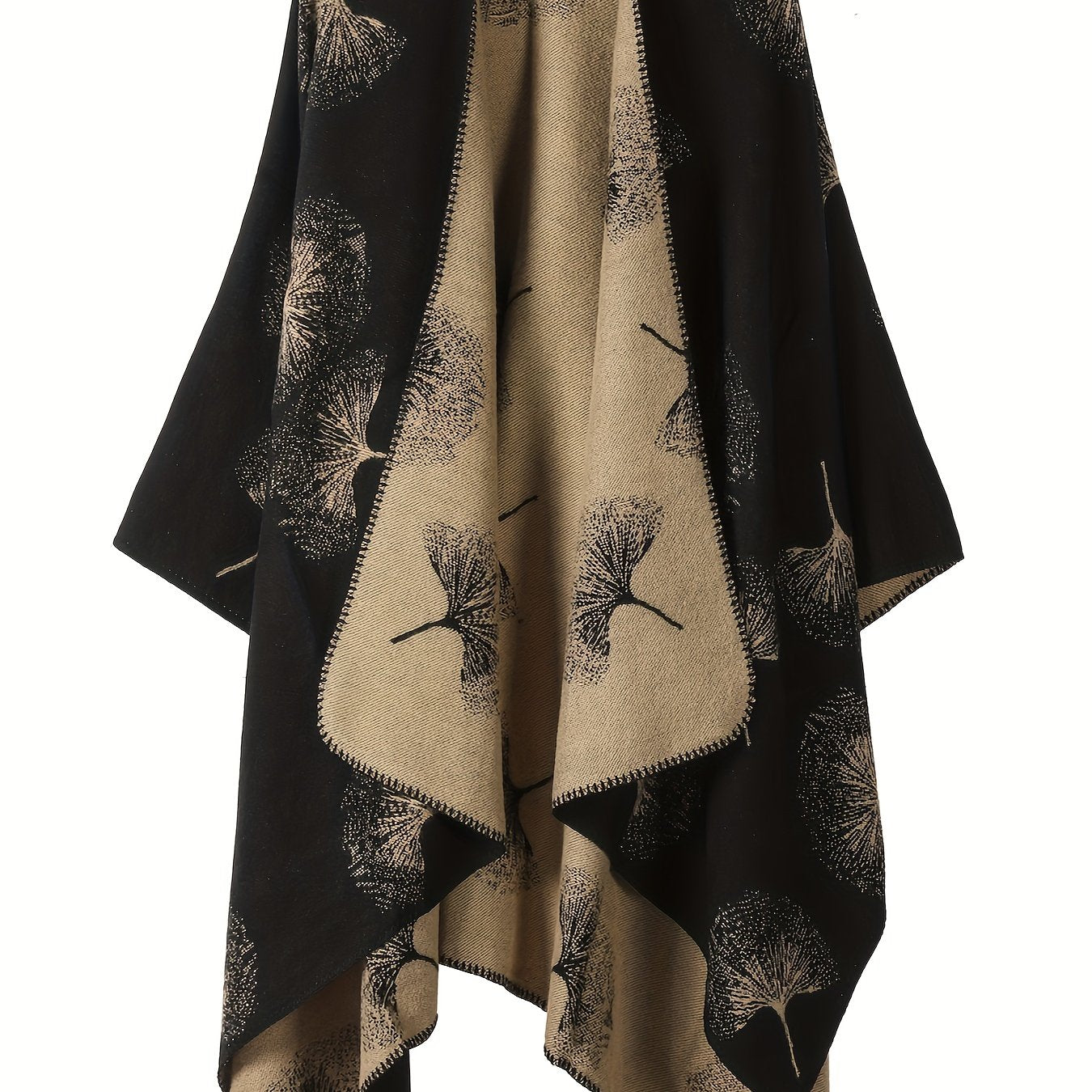 TEMU Elegant Plus Size Ginkgo Leaf Print Women' Coat - Double-sided Thick Autumn Winter Outerwear, Black & Pattern, Collarless Design, Non-stretch