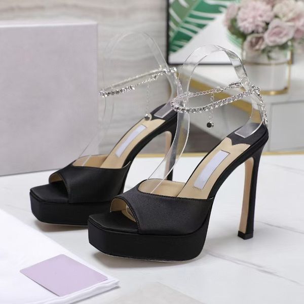 sandals designer heels women Rhinestone Chain High Heels Increased Platform Pumps Silk Summer Dress Shoes Banquet Shoes Genuine Leather Sole
