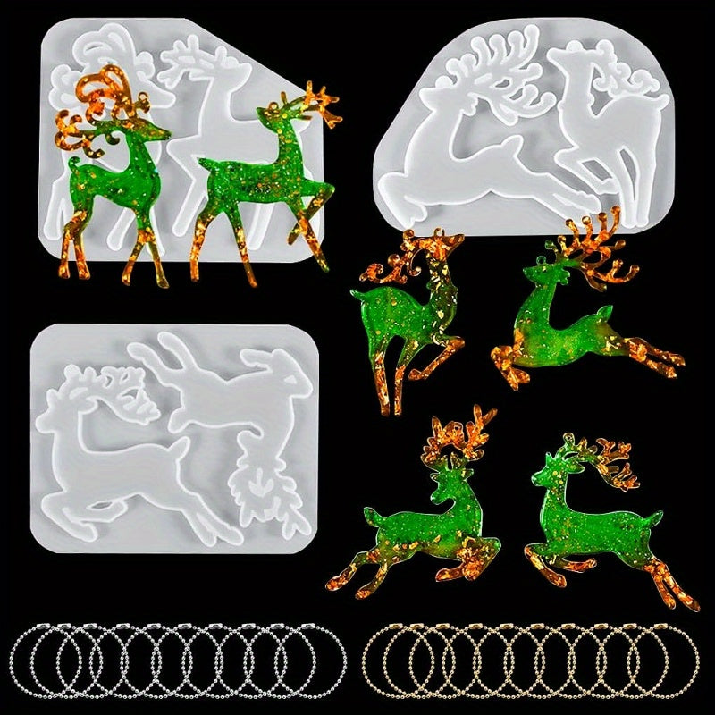 TEMU 3pcs Christmas Resin Molds, Elk Silicone Molds With Hole, Pendant Epoxy Casting Molds For Diy Tree Hanging Ornament With 20 Chains (christmas
