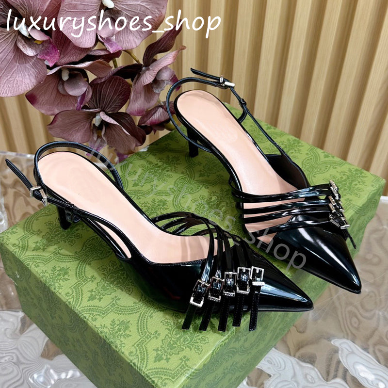 Women&#039;s Slingback Pump metal buckle embellished sandals 65mm Stiletto Dress shoes women&#039;s Luxury Designer pointed toe Evening Dress Party