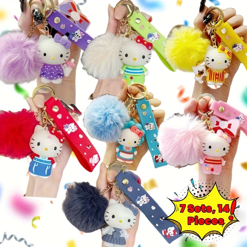 TEMU 7sets 14pcs For Hello Kitty Keychain Set Cute Keyrings For Women, Backpack Charms, Perfect Gift For Holidays Special Occasions
