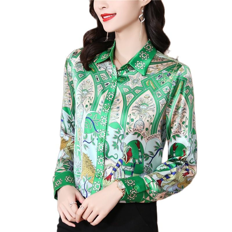 2023 Silk Print Designer Blouses Women Fine Elegant Button Up Shirt Office Long Sleeve Lapel Ladies Shirts Slim Spring Autumn Woman Casual Blouse Ru