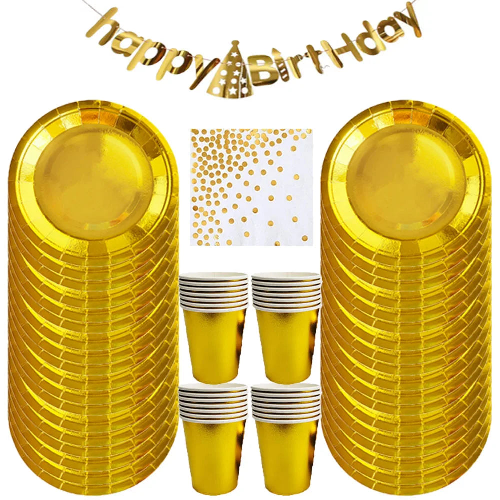 Golden disposable paper plates cups straws napkins cake stand cutlery set adult children&#039;s birthday party supplies gold theme