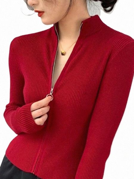 spring Autumn Zipper Cardigan Women Sweaters Knitted Lg Sleeve Stand-up Collar Tops Korean Fi Short Sweater for Female o34t#
