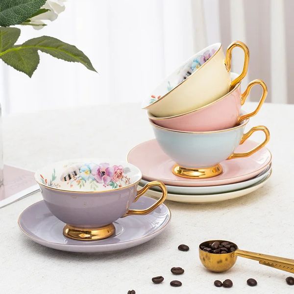 Ceramic coffee cup with plate golden edge colored glass ceramic bowl afternoon tea flower 240903