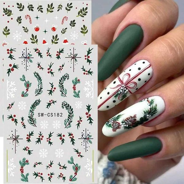 3D Christmas Nail Art Sticker Snowflake Green Leaves Self Adhesive DIY Winter Decals Slider Year Manicure DecorationT250120