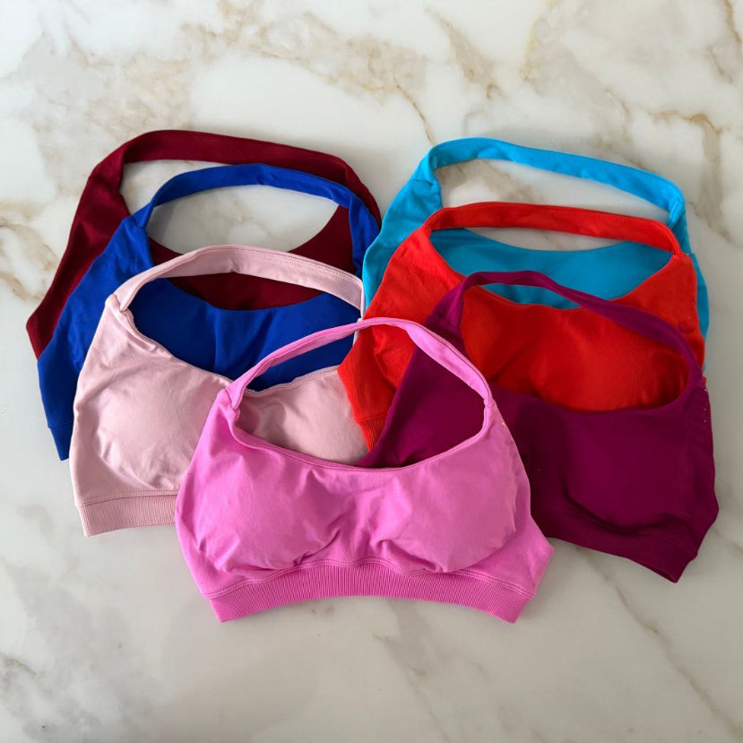 Sports Bra Gym Woman High Support Halter Backless Workout Crop Top Fitness Activewear Running Yoga Blouse Running Tank Ruched Halter Neck Bra