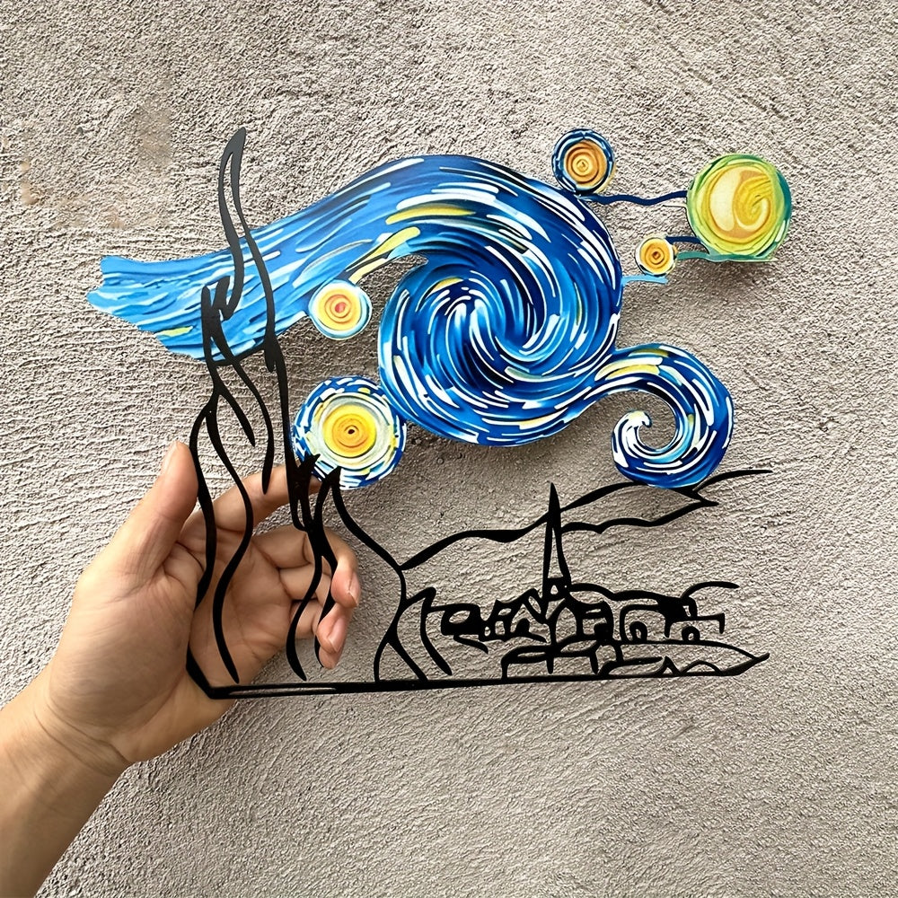 TEMU 1pc Van Starry Night Metal Wall Art - & Yellow Design, Durable Metal Wall Decor For Home, Office, Cafe, Bar - Perfect Gift For Art Lovers,