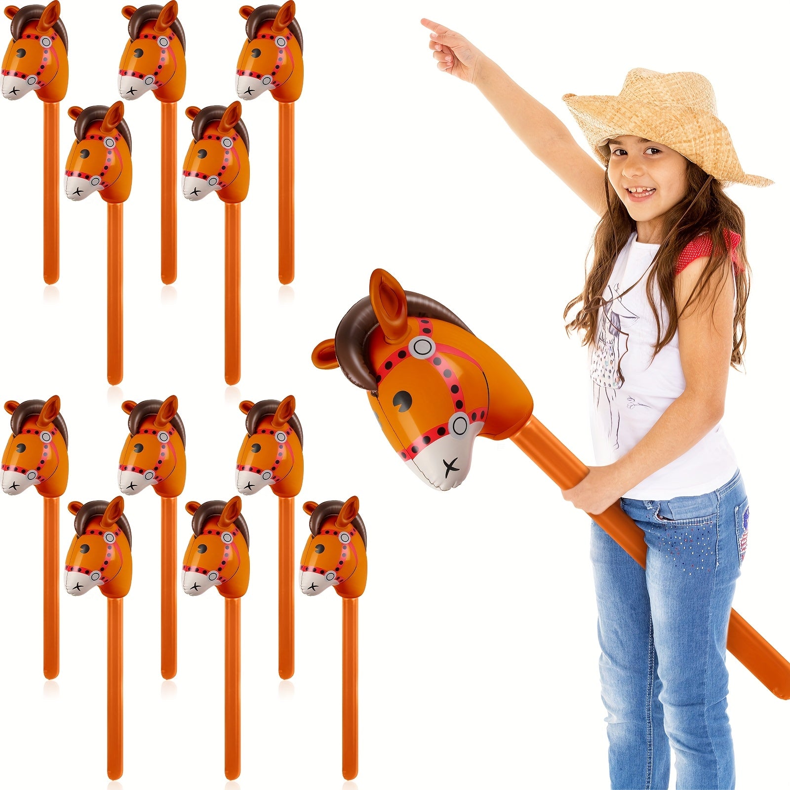 TEMU 12pcs Inflatable Stick Horse Cute Horse Head Stick Blow Up Balloon Colorful Cowboy Cowgirl Party Decorations For Themed Birthday Party(coffee
