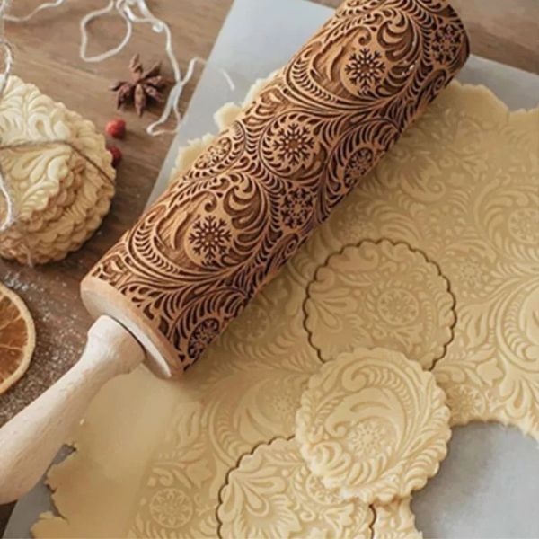 35CM Christmas Embossed Rolling Pin Wood Carved Cookies Biscuit Fondant Dough Baking Engraved Printed Roller Holiday Gifts