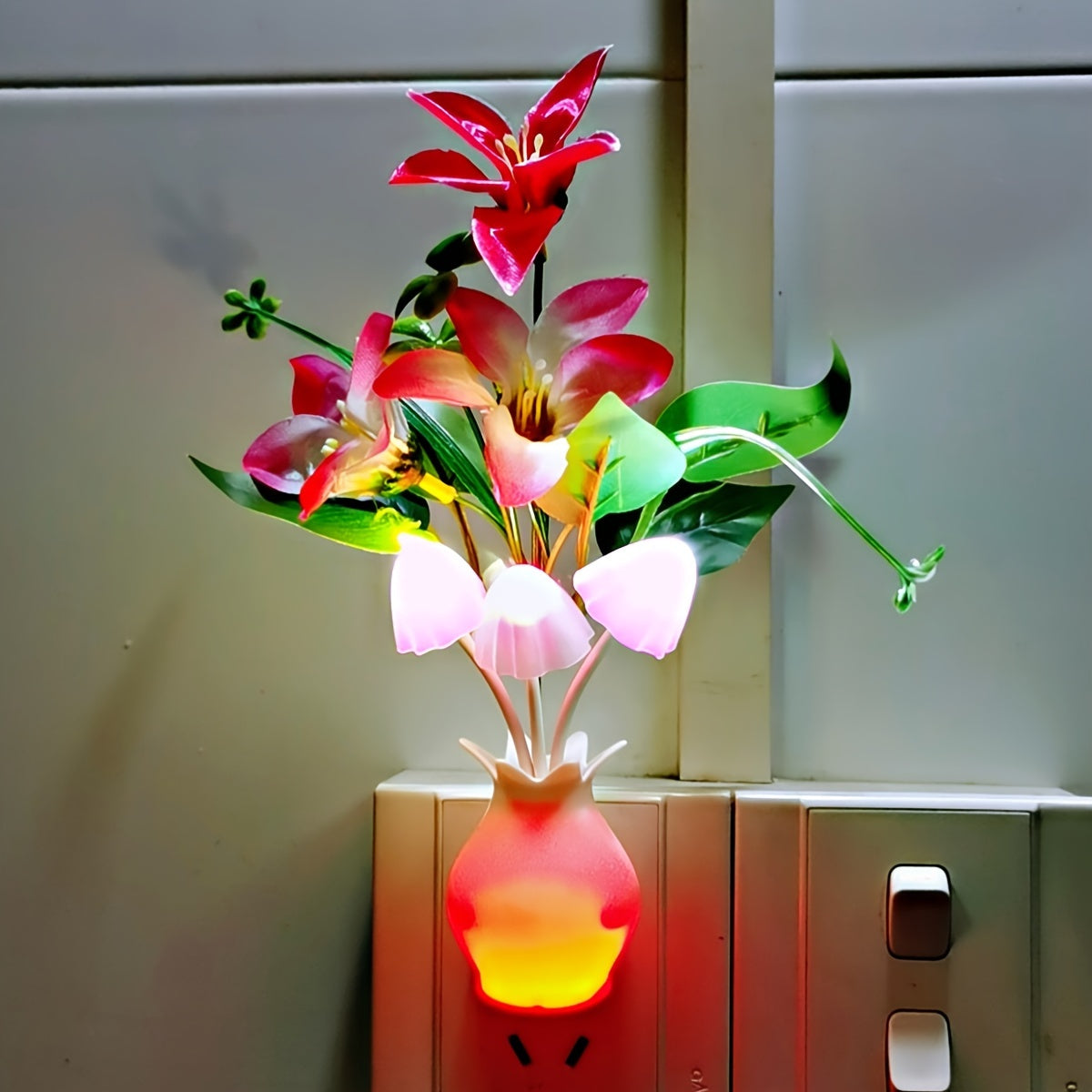 TEMU Led Intelligent Light Control Sensor Night Light, -color Vase Lily Three-color Mushroom Night Light, Wall Lamp Decoration, Essential For ,