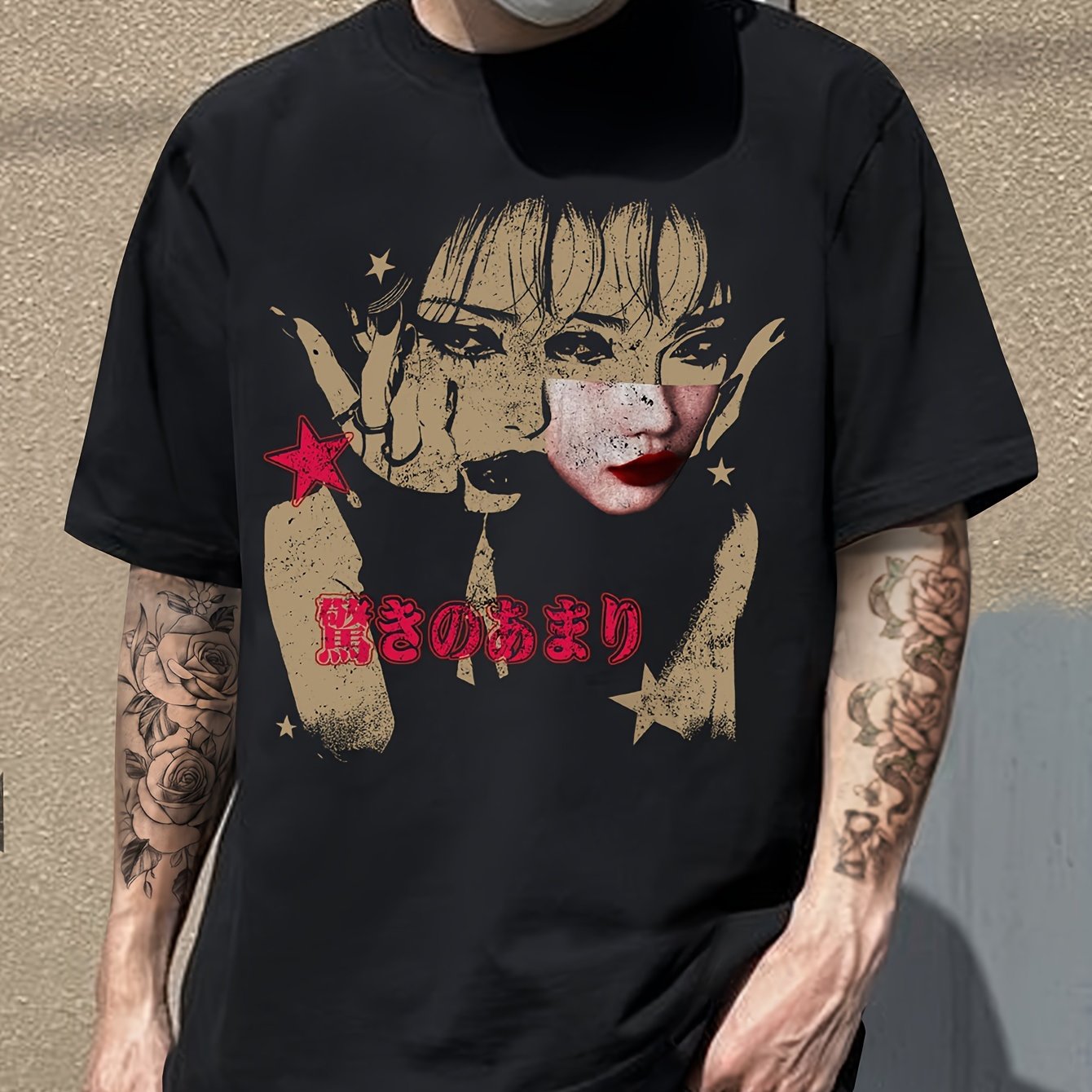 TEMU Men's Anime T-shirt - Iconic Female Character & Text Print, Casual Round Neck Short Sleeve Tee, Machine Washable Relaxed Fit Shirt For Anime