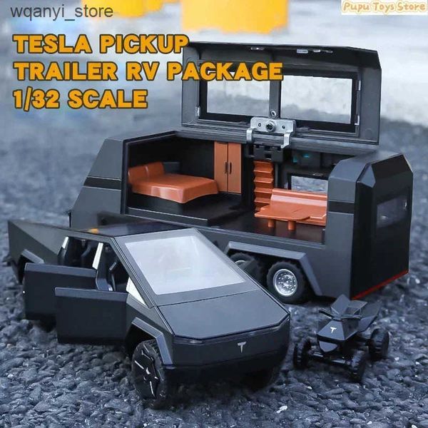 Electronics Robots 1 32 Tesla Cyber Truck Pickup Trailer Alloy Car Model Die Casting Metal Toy Off road Vehicle Model Sound and Light Childr