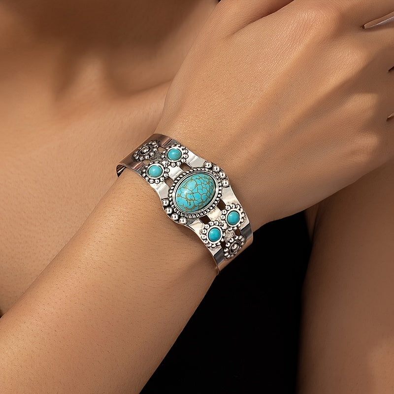 TEMU Vintage European Court Style Adjustable Cuff Bracelet For Women With Turquoise Gemstone Accents - Alloy Construction, Casual Attire,