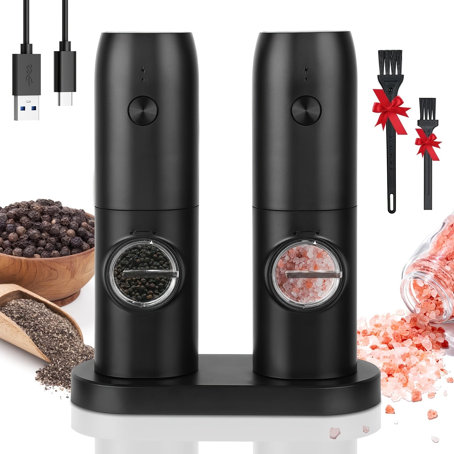 TEMU 1-2pcs-set, Electric Salt And Pepper Grinders, Rechargeable With Charging Base, Spice Crusher With Usb Cable, Led Light, Adjustable Coarseness,