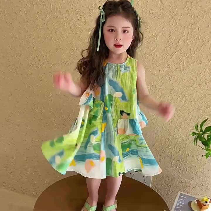 XW264Girls summer dress 2025 new style baby seaside holiday dress summer children graffiti dress
