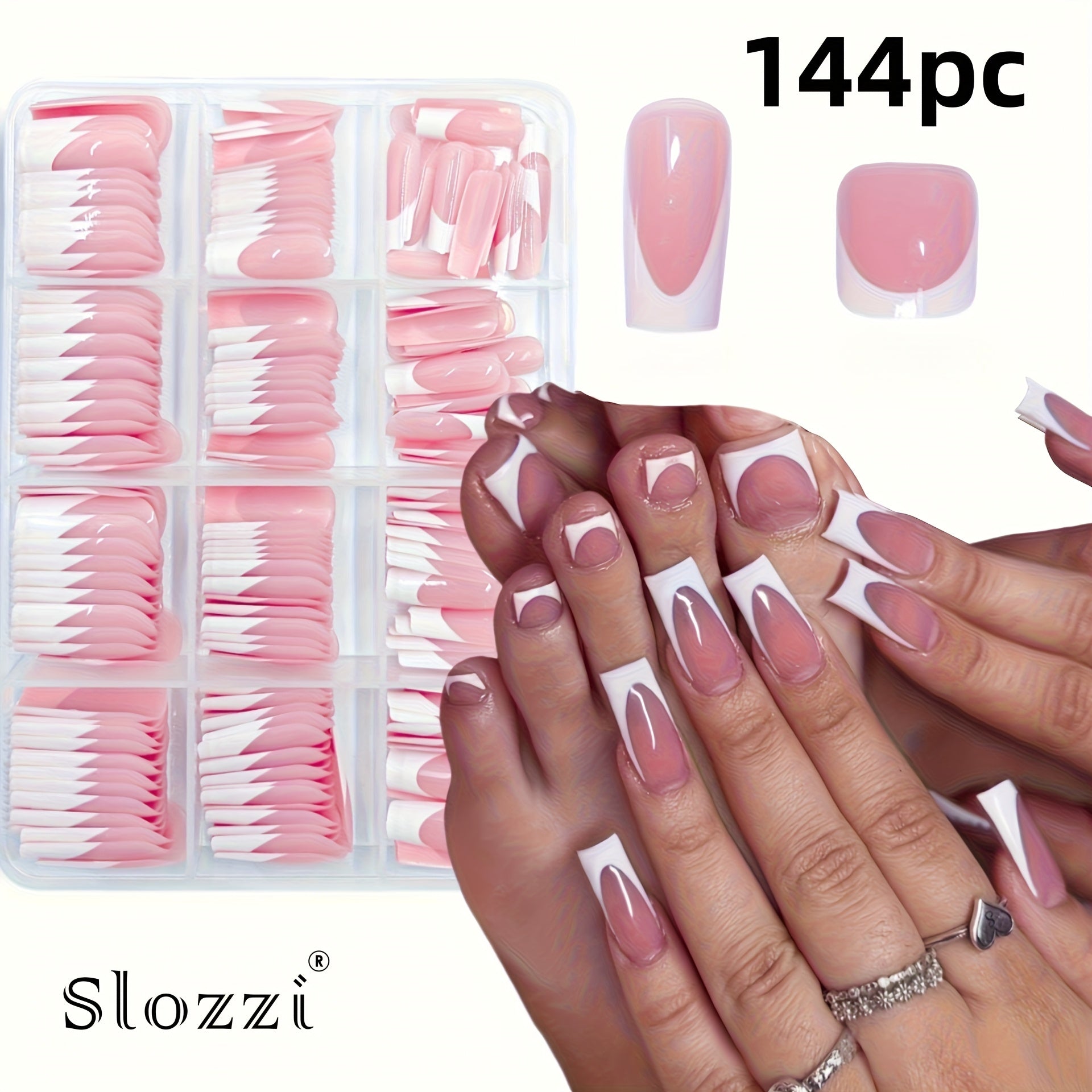 TEMU 144pcs Professional Salon Home Use - Long Square French Manicure & Pedicure Tips - Glossy Finish False Nails - Easy Application With Full