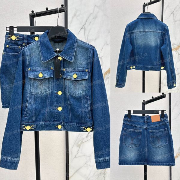 Designer Womens Denim Set Cropped Jean Jacket Mini Skirt Suits Luxury Golden Buttons Lapel Jackets Denim Skirts Elegant Stylish Outfit