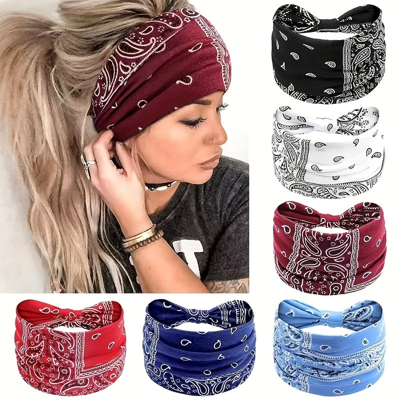 TEMU Multi-pack Bohemian Fashion Headscarves, Women's Knotted Non-slip Hair Ties, Paisley Print Elastic Yoga Headbands For Yoga, Running, And Casual