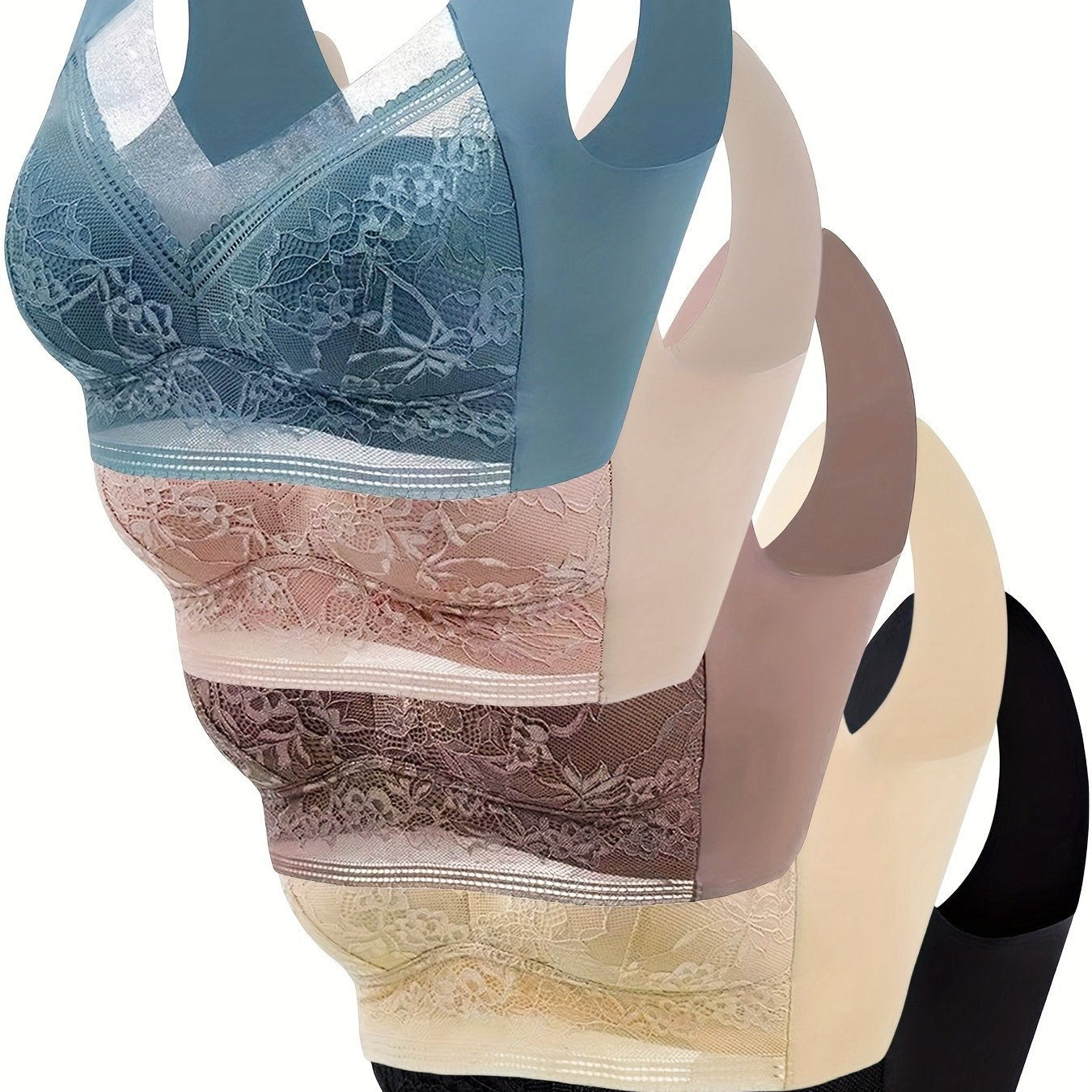 TEMU 5pcs Elegant Floral Lace Wireless Bralette Bra, Comfy & Breathable Full Coverage Push Up Intimates Bra, Women's Lingerie & Underwear, Adult