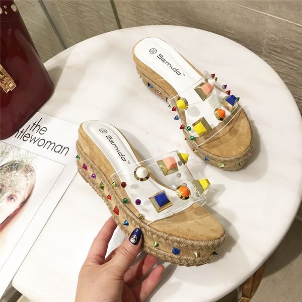 colorful big rivets transparent sandals women pointed studs around wedges slippers thick bottom platform flip flops women 245