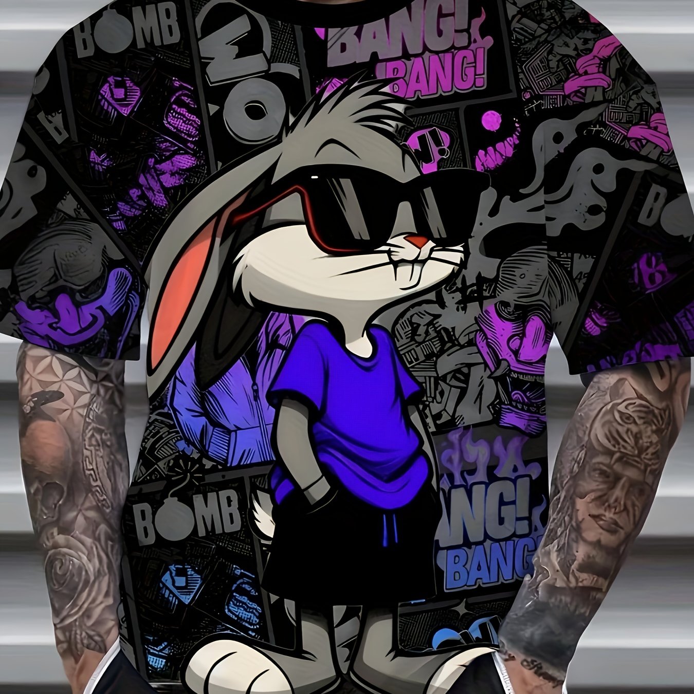 TEMU Men's 3d Rabbit Print T-shirt With "" Graphic - Polyester, Asymmetrical Design, Round Neck Short Sleeve Casual Summer Top, Rabbit Art, Durable